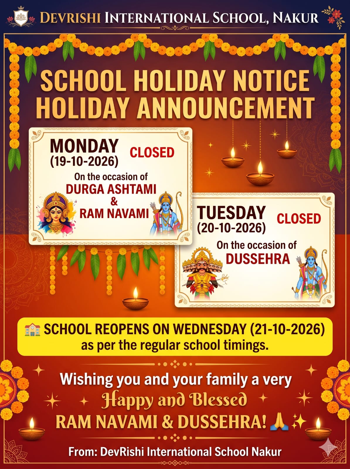 Holiday Notice: Ram Navami and Dussehra
